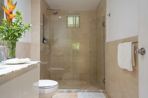 Hair dryer, towels, soap, shampoo