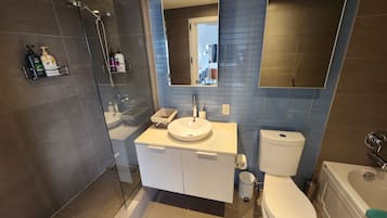 Shower, hair dryer, towels, soap