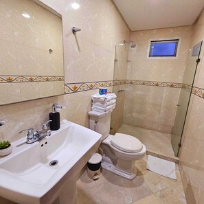 Towels, soap, shampoo, toilet paper