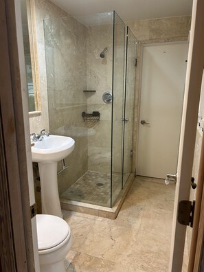 A bathroom with a glass-enclosed shower, a pedestal sink, and a toilet. - Deep Water Home located in White Marlin Beach Neighborhood (Islamorada)