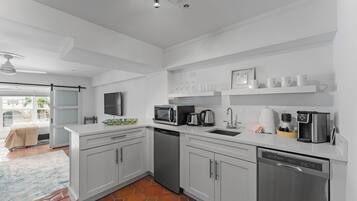 Fridge, microwave, dishwasher, coffee/tea maker