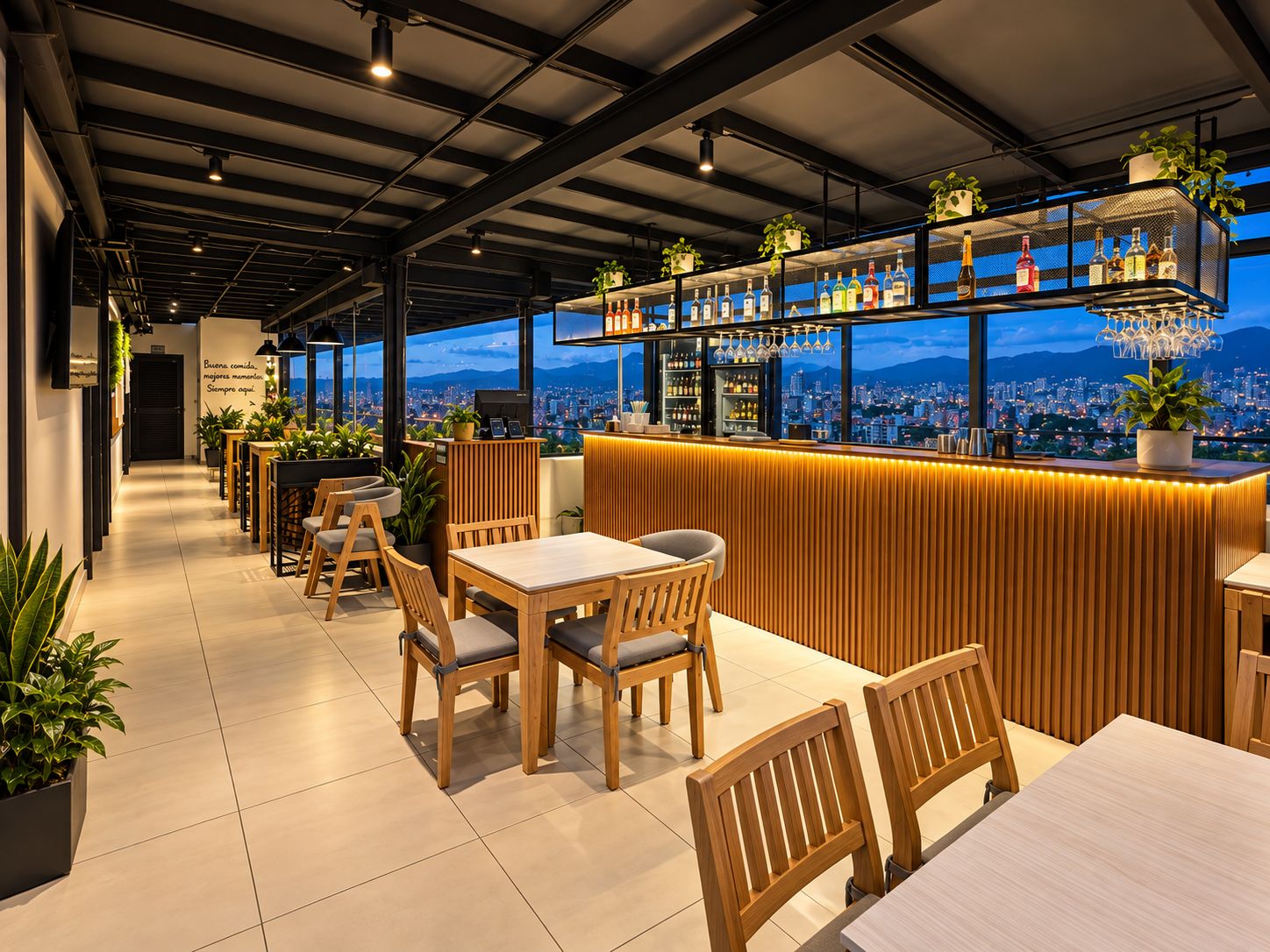 A restaurant with a bar area, wooden furniture, and a city view.