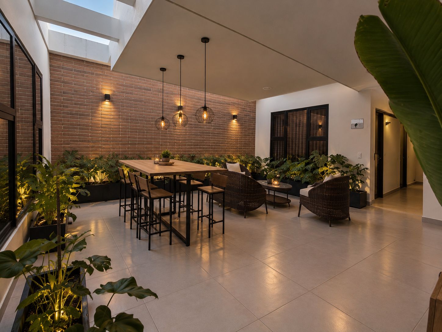Un comedor moderno con pared de ladrillo, lámparas colgantes y plantas en macetas.