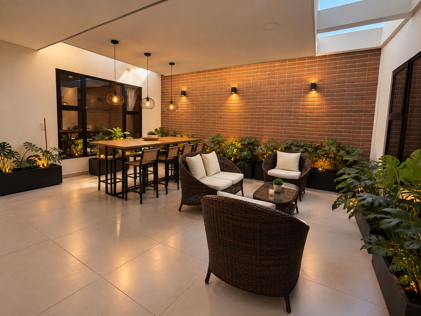 Un intérieur moderne comprenant un coin repas, des sièges et des plantes.