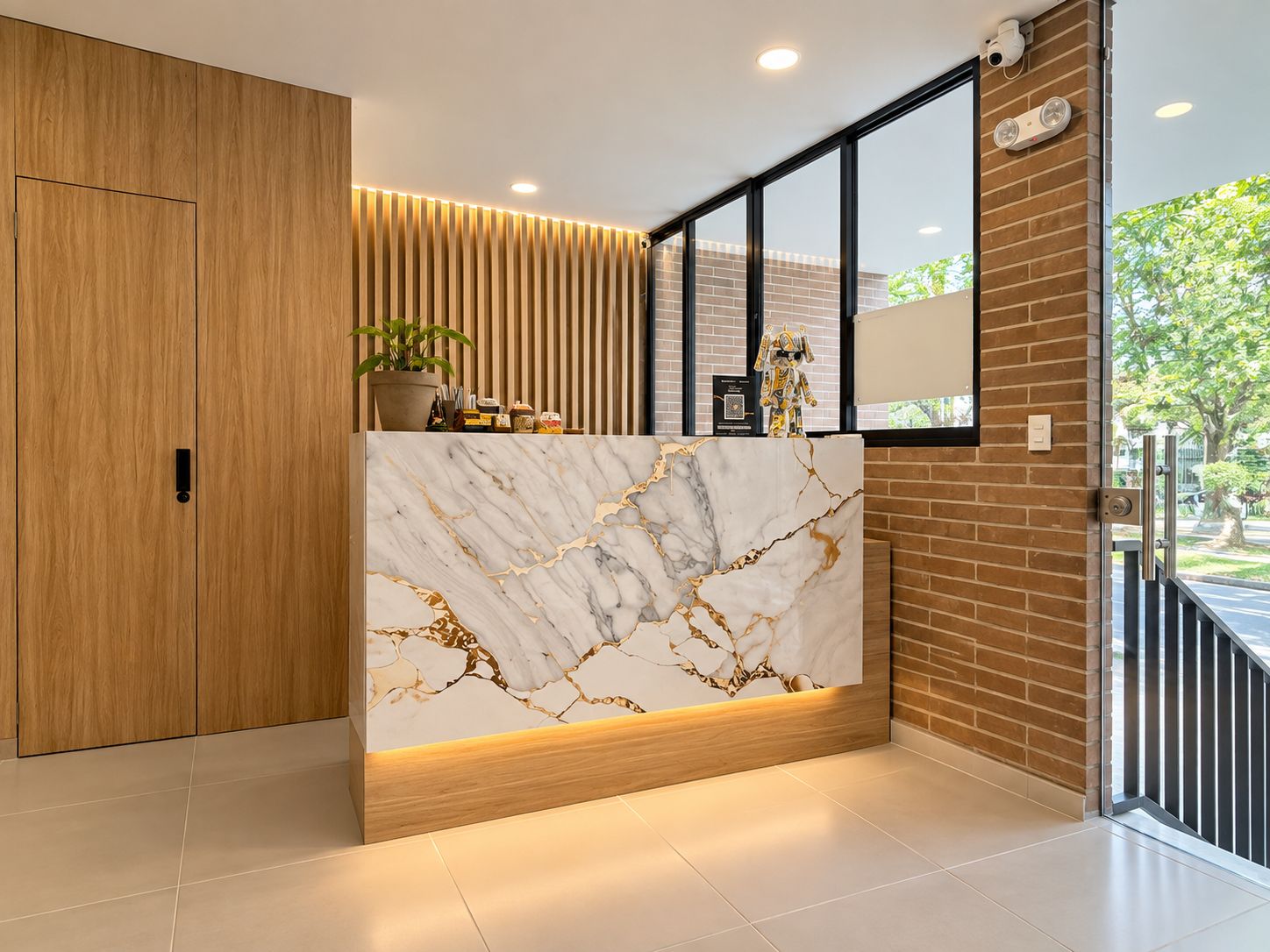 Una recepción con encimera de mármol, paneles de madera y un amplio ventanal con vistas a zonas verdes.