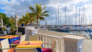 Un puerto deportivo con barcos, mesas al aire libre con manteles coloridos y palmeras.