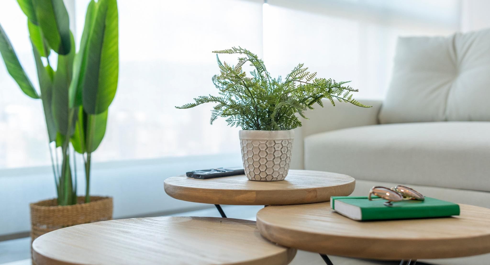 A modern living room with a round wooden coffee table, a potted fern, a smartphone, and a green book.