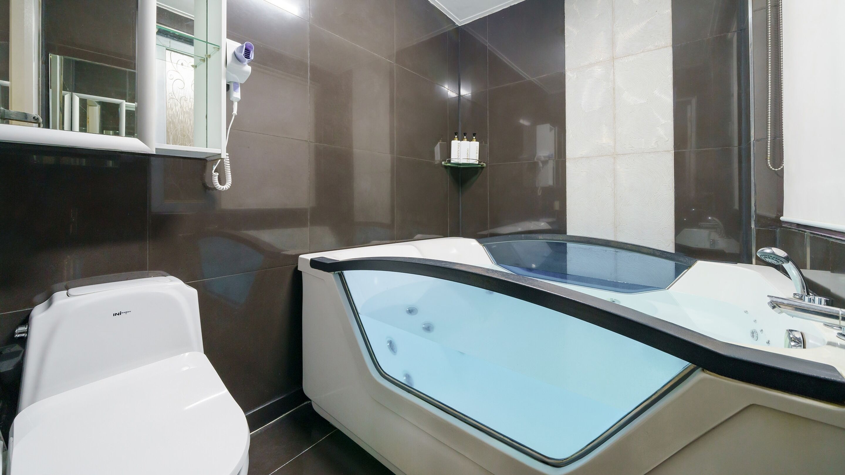 A modern bathroom with a bathtub, a toilet, and a shower.