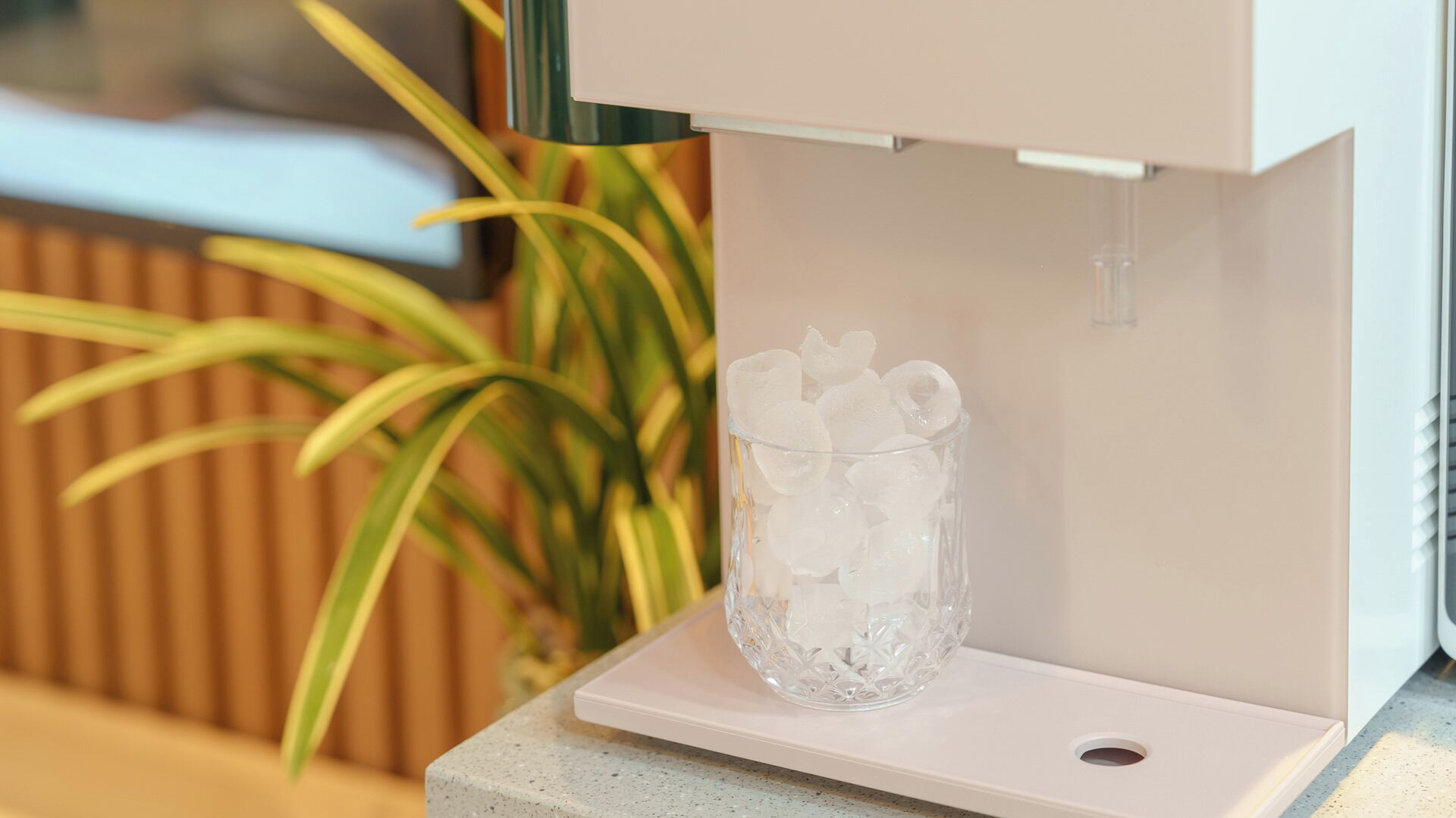 Recipiente de vidro transparente com cubos de gelo sobre uma bancada, ao lado de uma máquina de café.
