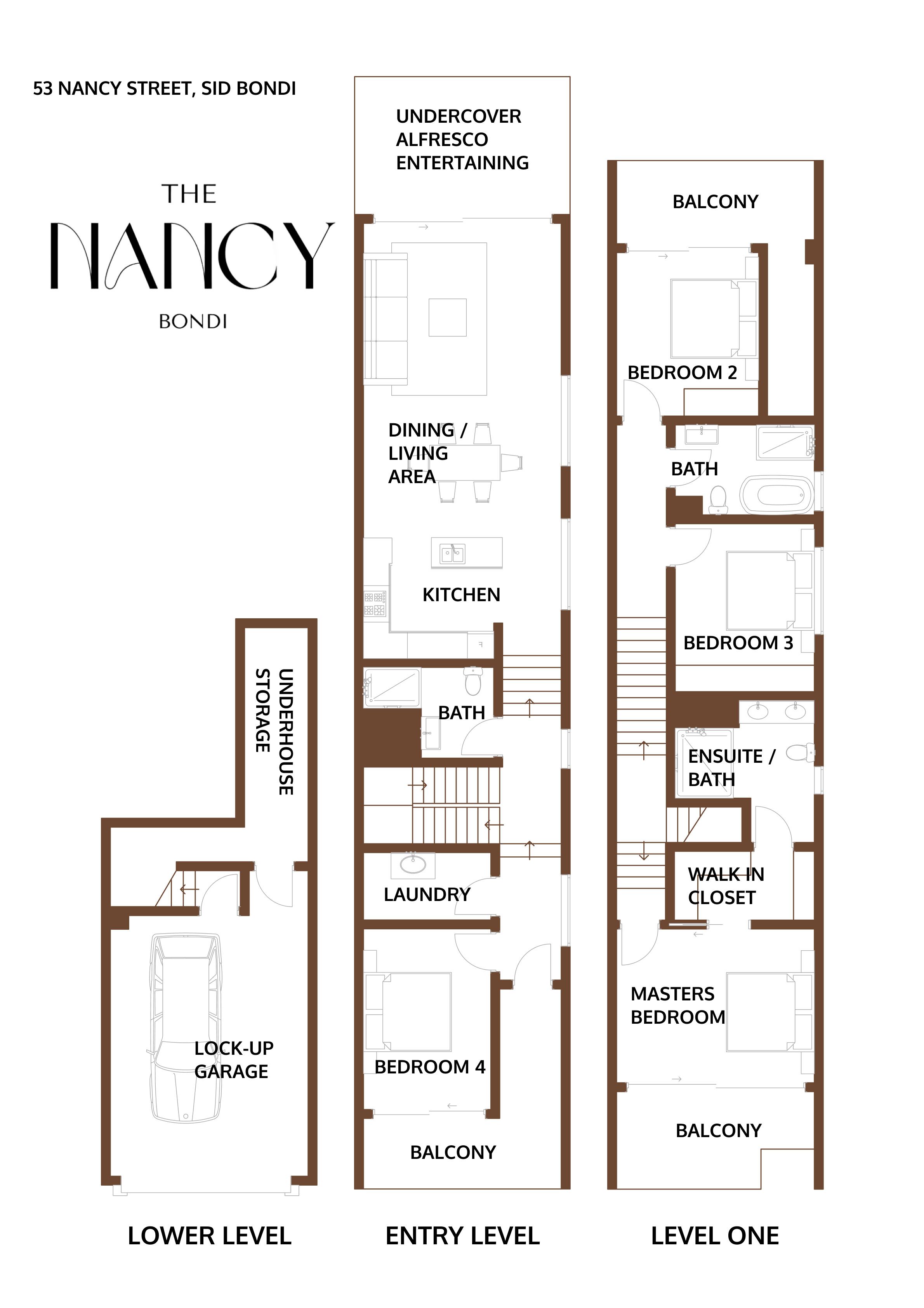 Ein Grundriss des Hotels Nancy Bondi, inklusive abschließbarer Garage, Ess-/Wohnbereich, Küche, Waschküche und mehreren Schlafzimmern mit Balkonen.