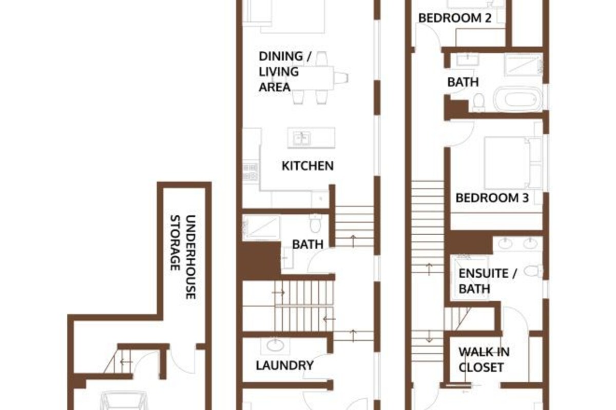 A floor plan with three bedrooms, a dining/living area, kitchen, laundry, and storage.