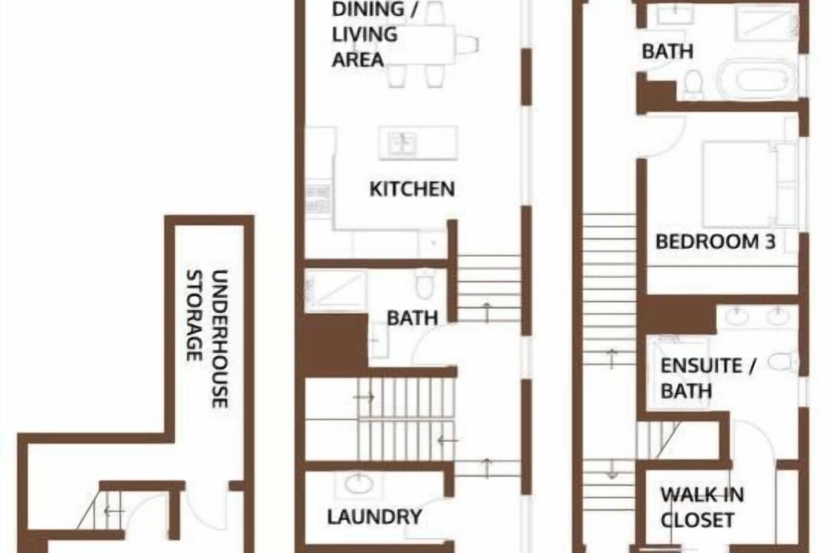 Un plan d’étage indiquant les différentes pièces, notamment un espace repas/salon, une cuisine, une buanderie et plusieurs chambres.