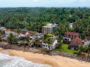 Zona residencial costera con casas rodeadas de densas palmeras, una playa y un litoral rocoso.