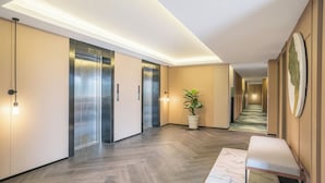 Un couloir d’hôtel moderne avec des ascenseurs, un banc et une plante en pot.