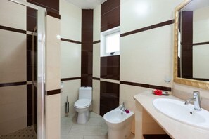 Shower, towels, soap, toilet paper