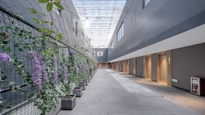 A corridor with a glass ceiling, a row of potted plants on one side, and doors on the other. - Echarm International Hotel Pazhou Convention and Exhibition Center Nanzhou Subway Metro Branch (Guangzhou)