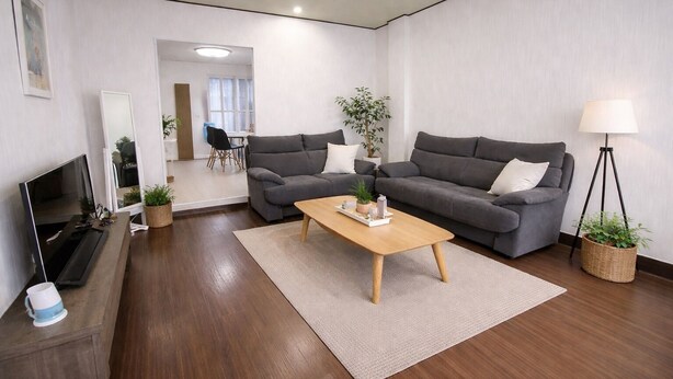 A modern living room with two grey sofas, a wooden coffee table, a TV, and a floor lamp.