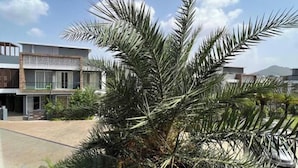 Un moderno edificio de dos pisos con un balcón y una palmera en primer plano.