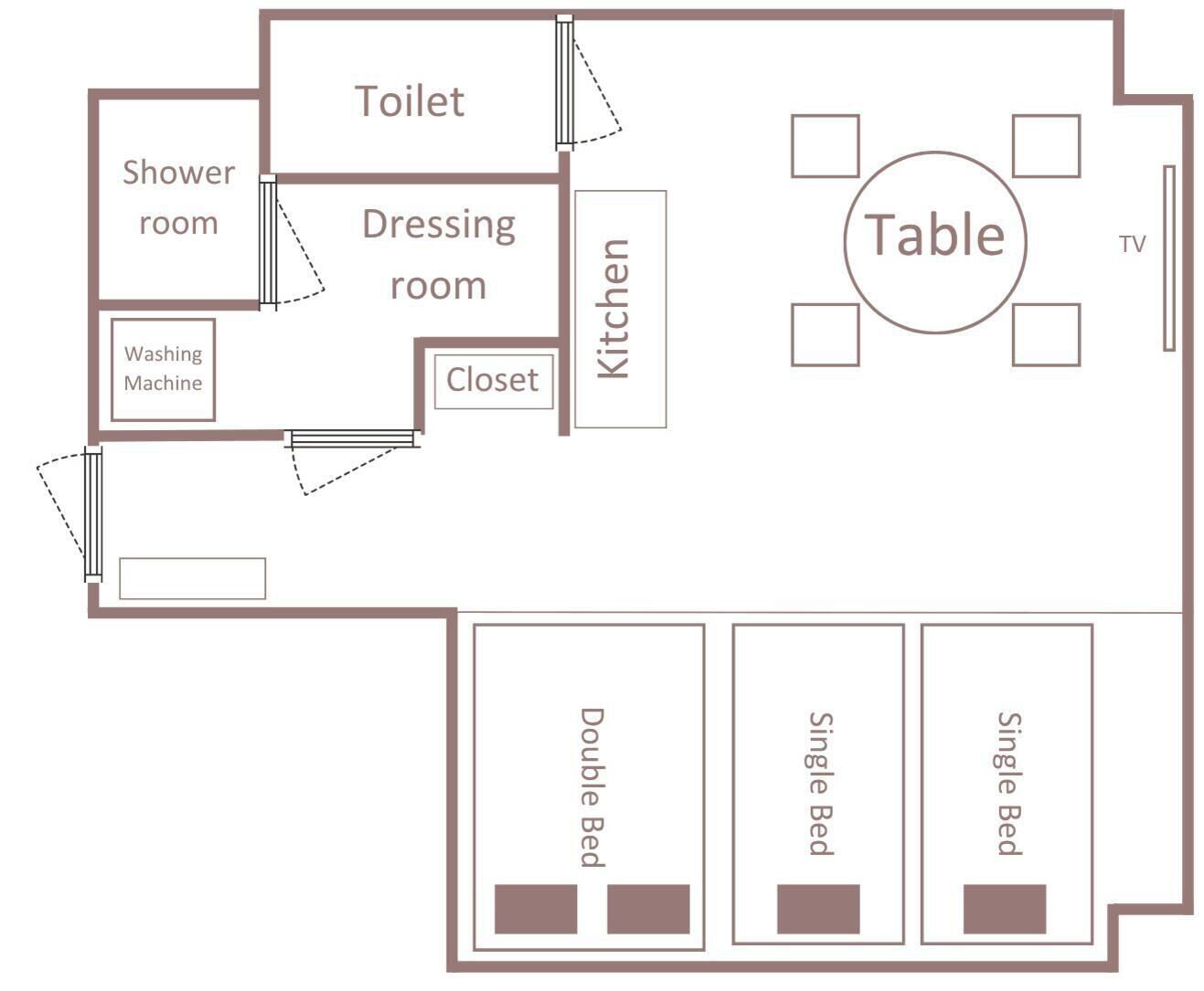 Plano de planta que muestra una cama doble, camas individuales, una mesa, un televisor, una cocina, un comedor, un armario, un vestidor, un cuarto de ducha y un inodoro.