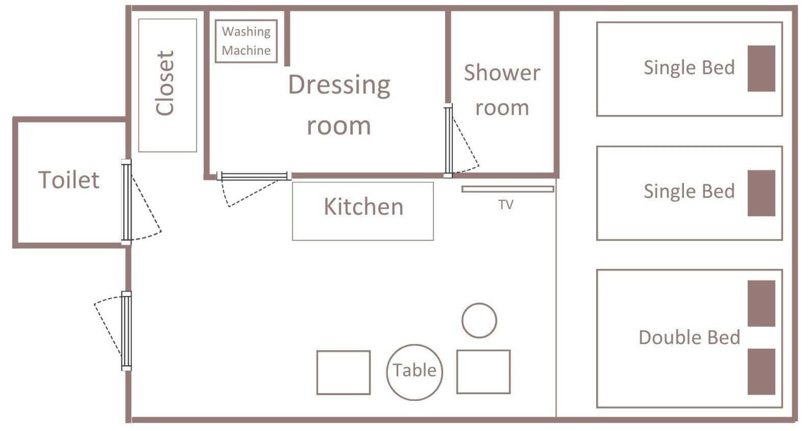 Distribución de una habitación de hotel con armario, vestidor, baño con ducha, camas individuales, cama doble, televisor, cocina y inodoro.