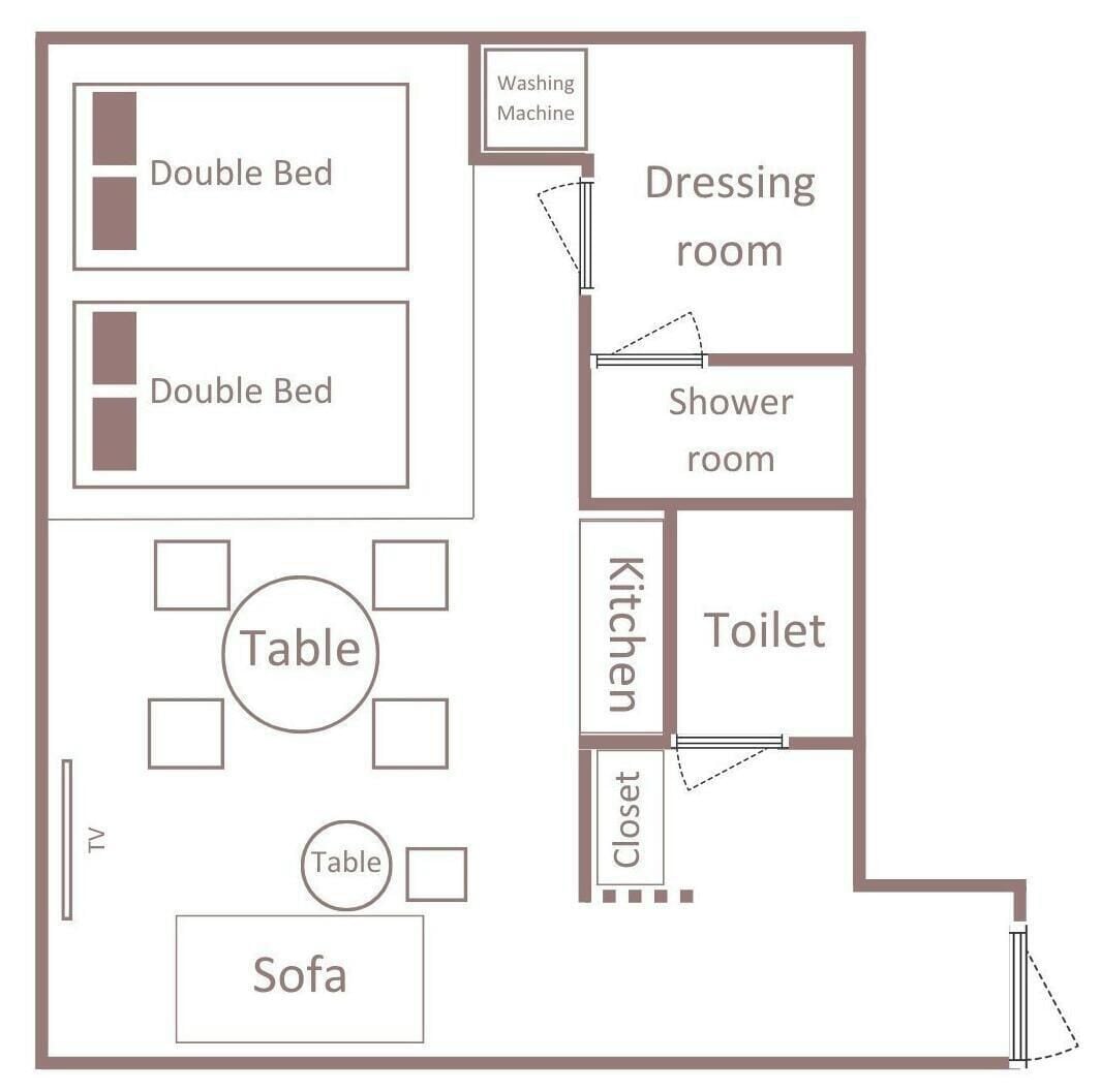 A room layout with a double bed, a sofa, a table, a kitchen, a toilet, a closet, a dressing room, and a shower room.
