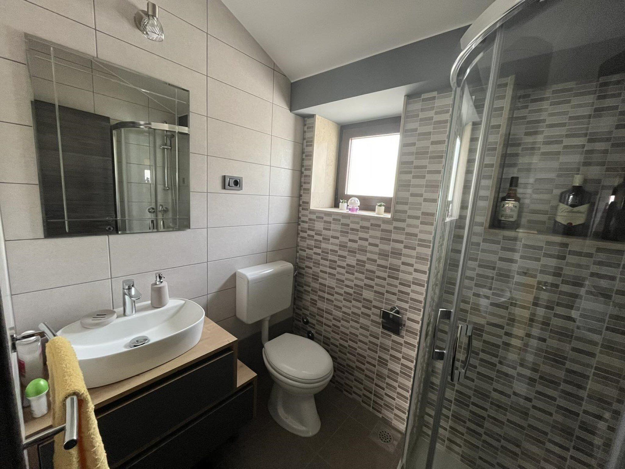A modern bathroom with a glass-enclosed shower, a toilet, and a sink with a mirror above.