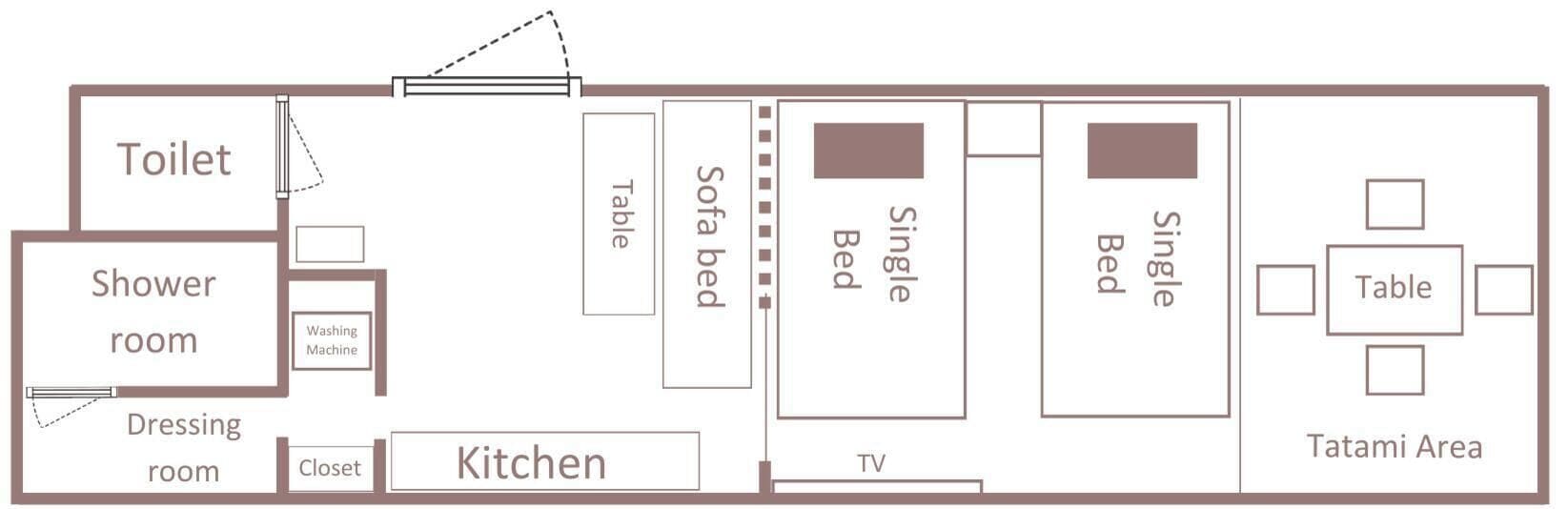 A floor plan with a shower room, toilet, kitchen, TV, sofa bed, single beds, and a tatami area.