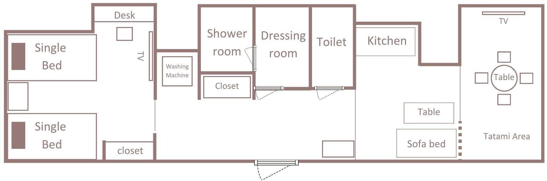 A hotel room layout with a single bed, desk, TV, table, sofa bed, closet, and a tatami area.