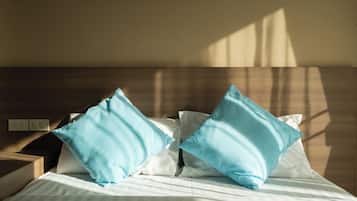 Desk, laptop workspace, free WiFi, bed sheets