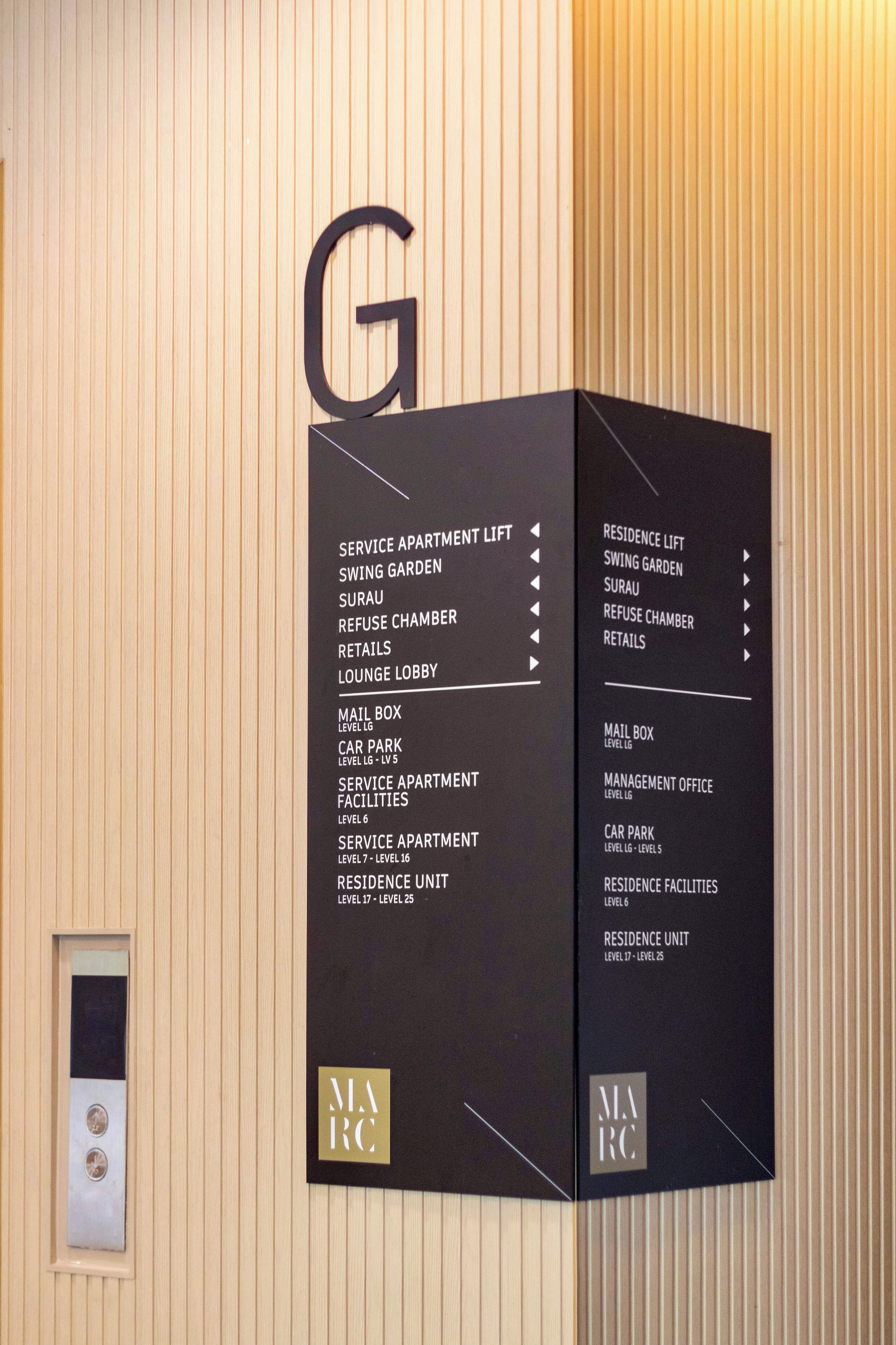 A hotel directory with a large 'G' sign, listing amenities such as service apartments, swing garden, and car park.