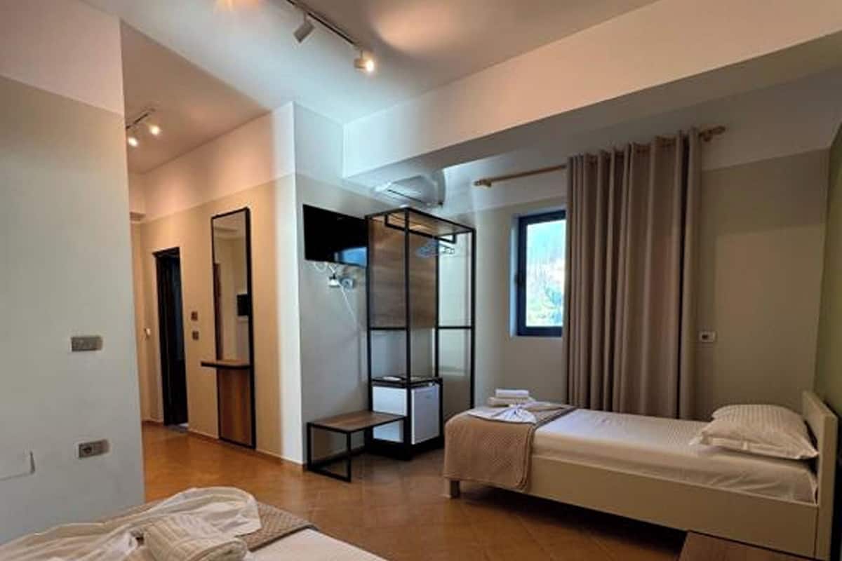 A modern hotel room with two beds, a walk-in closet, a large mirror, and a window with curtains.