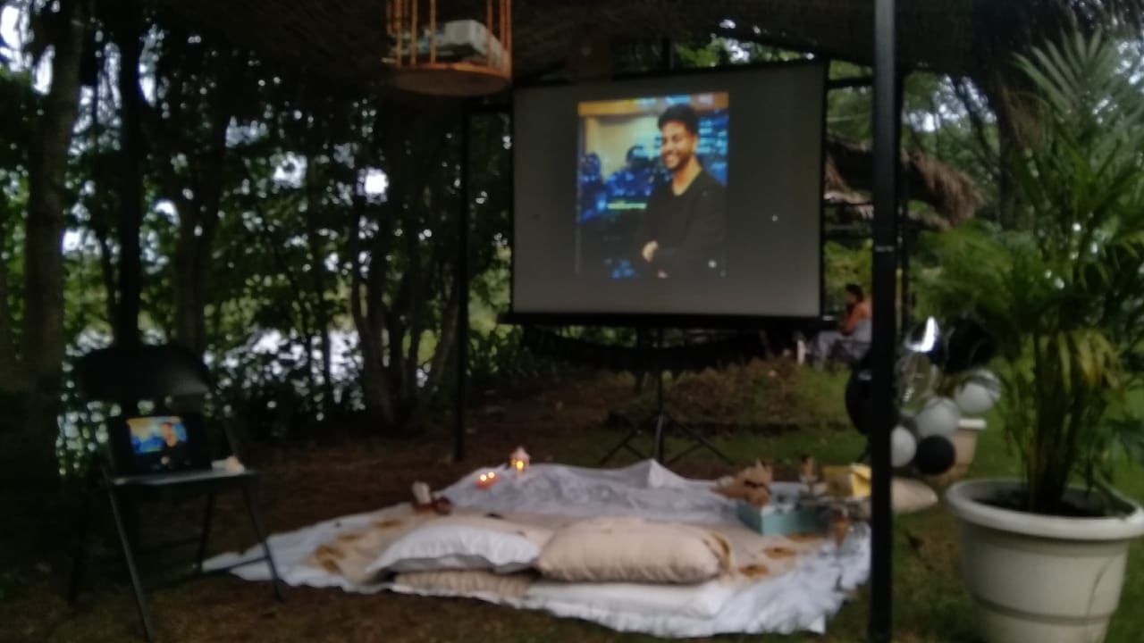 An outdoor setting with a projection screen displaying a person. There is a blanket and pillows on the ground, and a potted plant to the right.
