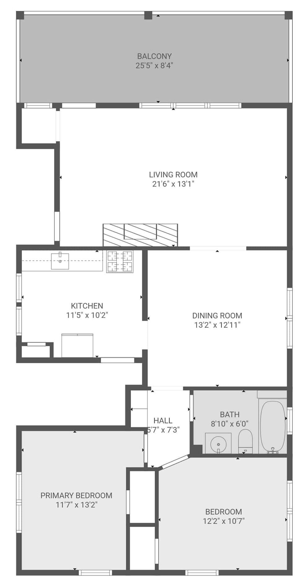 A floor plan with a balcony, living room, kitchen, dining room, hall, bathroom, primary bedroom, and another bedroom.
