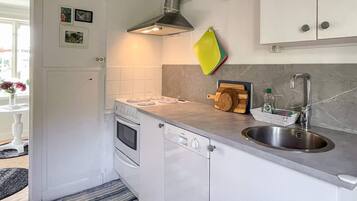 A compact kitchen with white cabinetry, a stainless steel sink, and a gas stove.
