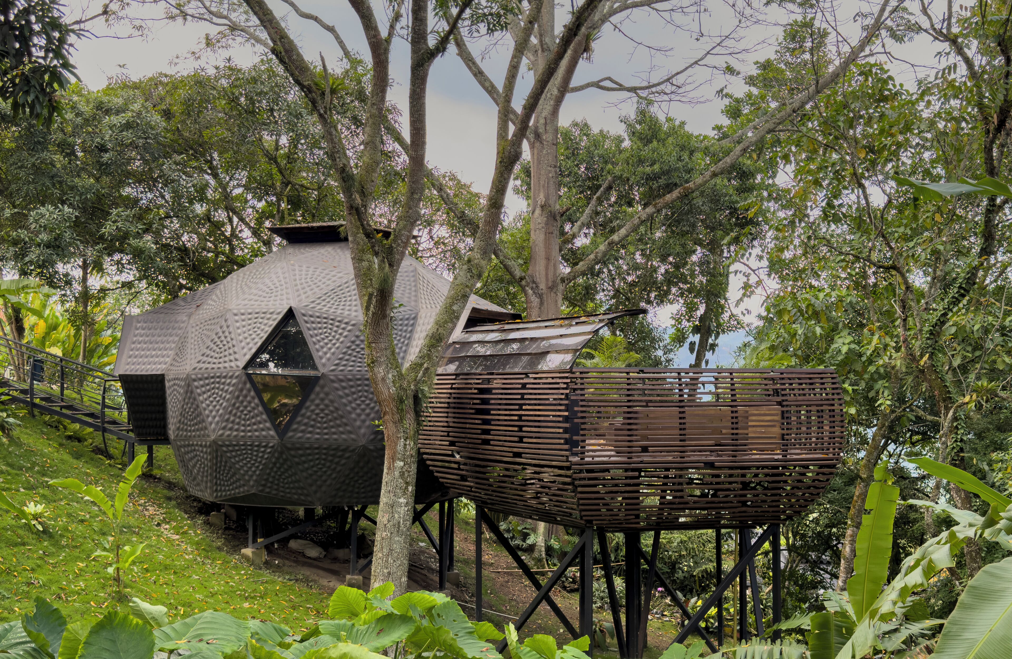 A treehouse with a geometric design, elevated on stilts, surrounded by lush greenery.
