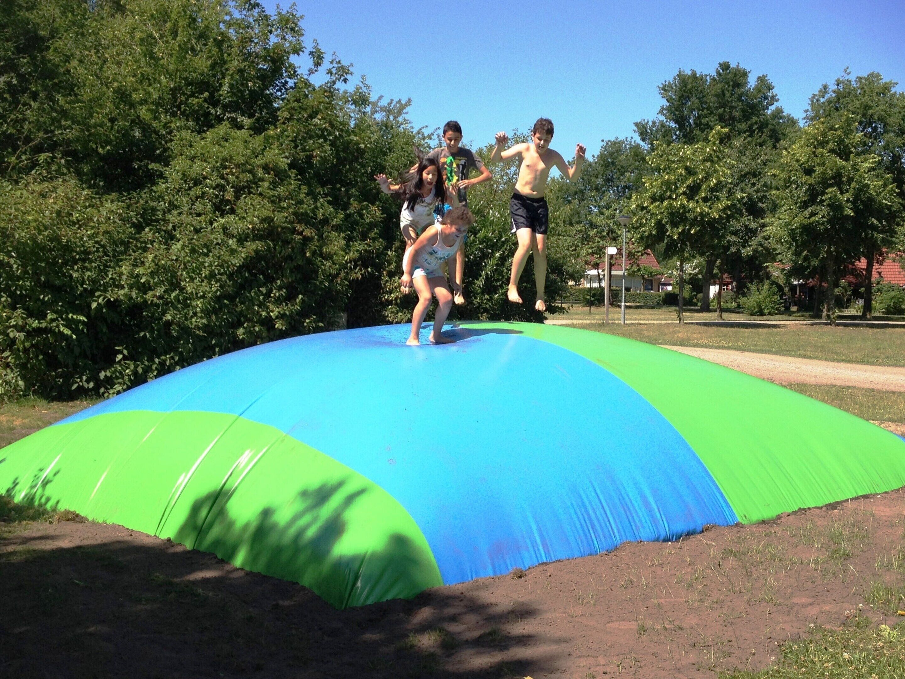 A large inflatable water slide in an outdoor setting with trees and a clear sky.