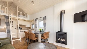 Una camera in stile loft con zona pranzo, letto a soppalco, camino e TV a parete.