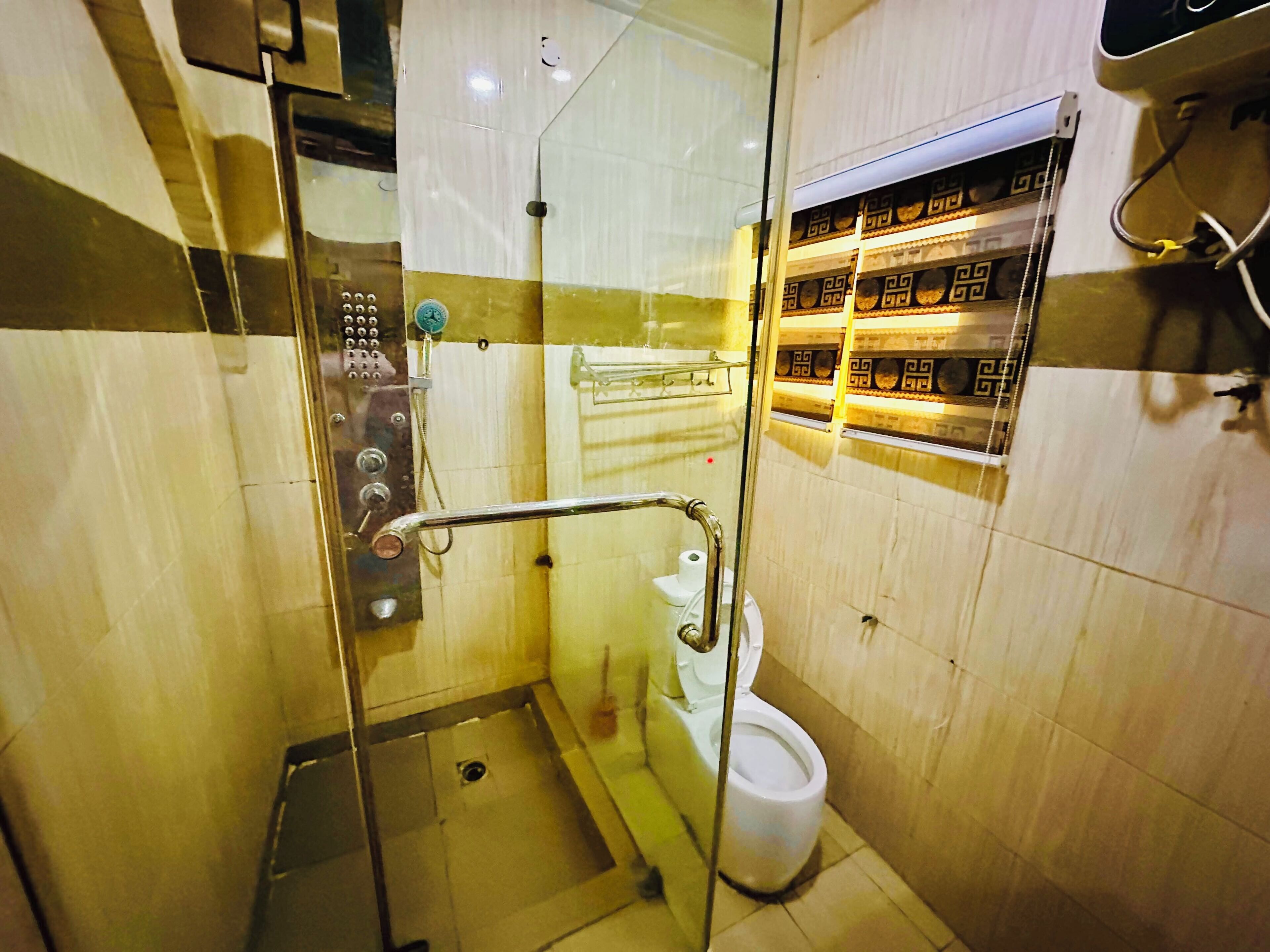 A bathroom with a glass-enclosed shower, a toilet, and a shelf with toiletries.