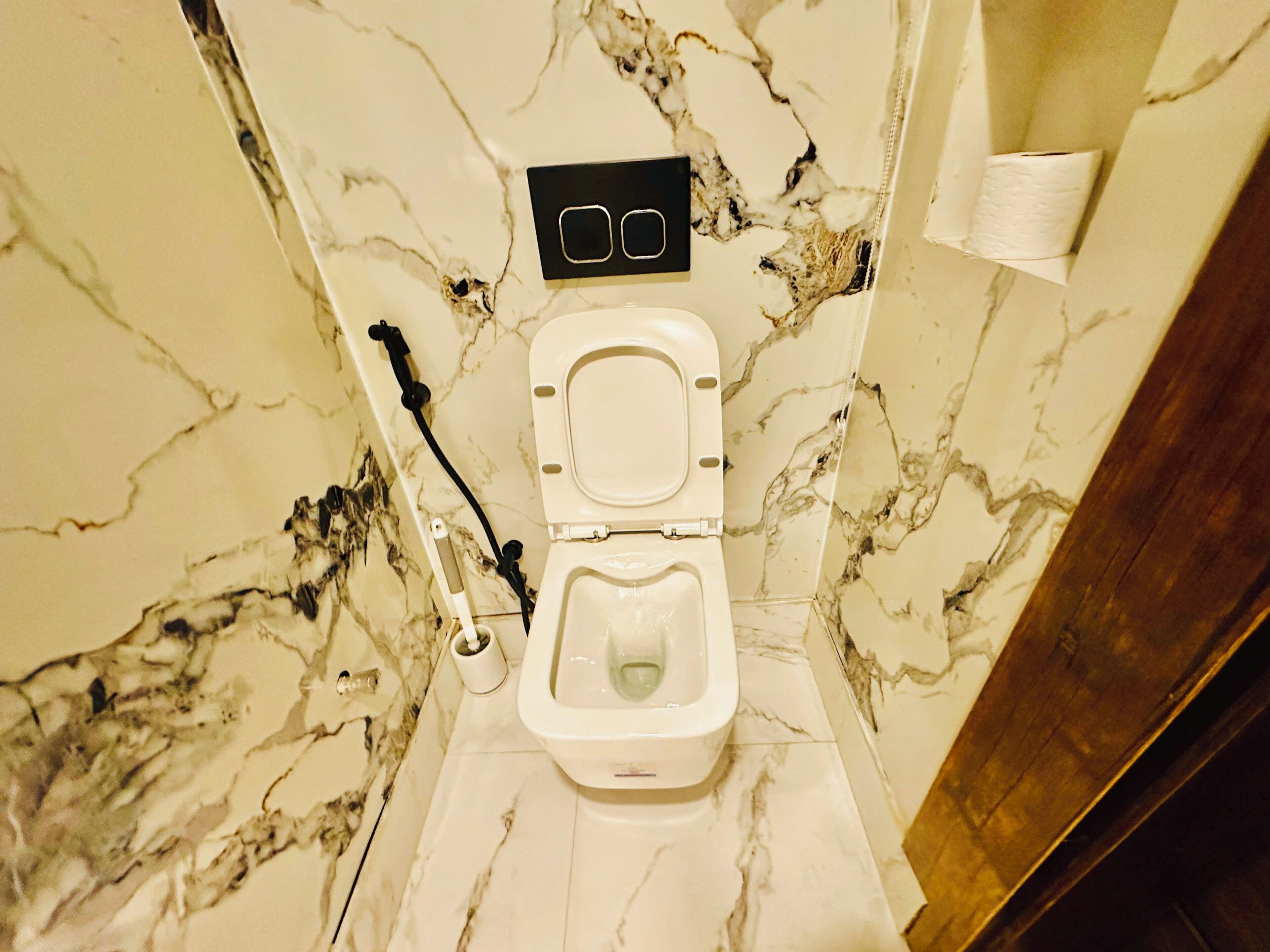 A bathroom with a toilet, marble walls, and a toilet paper holder.