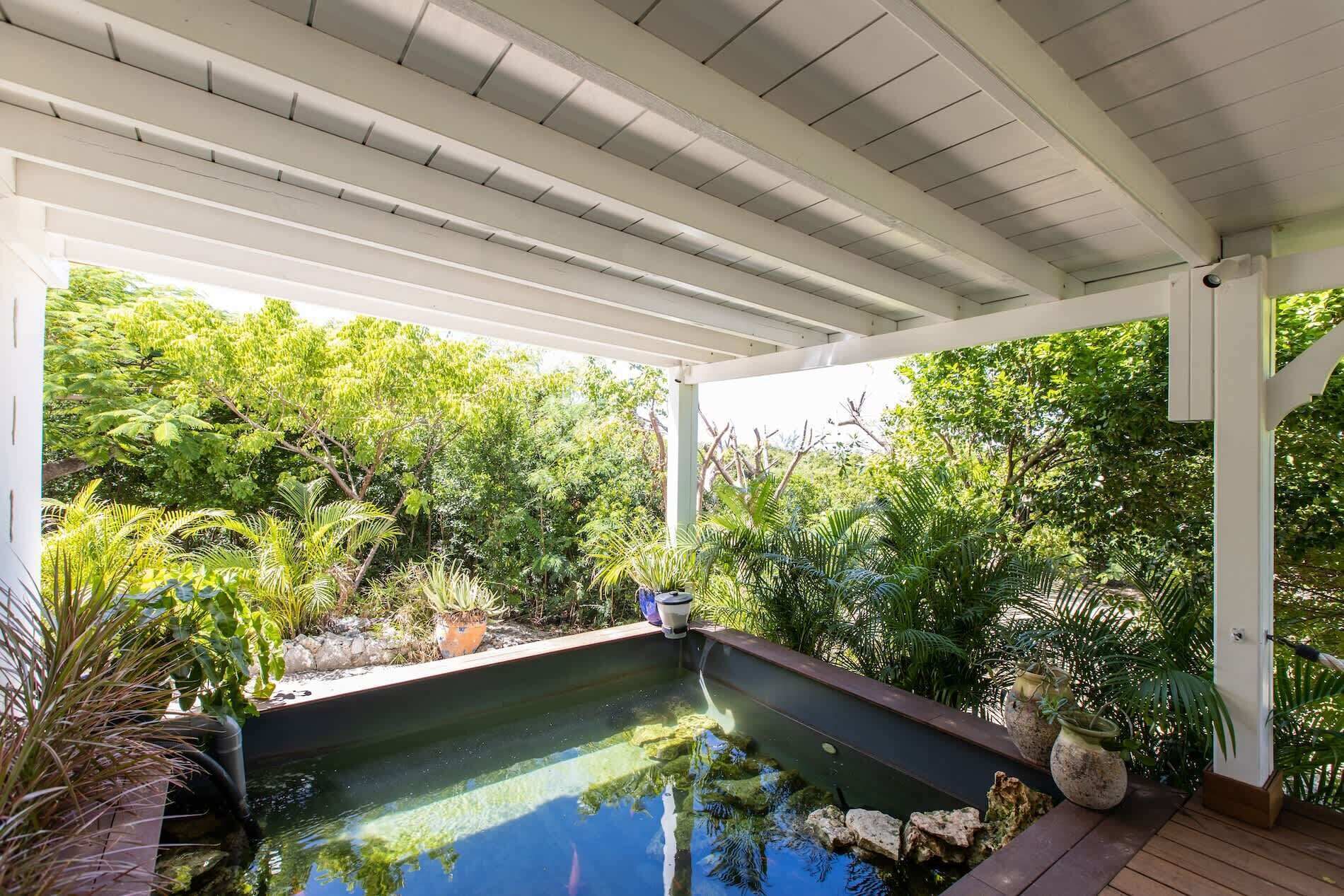 Un espace extérieur abrité doté d’une piscine, le tout entouré d’une végétation luxuriante.