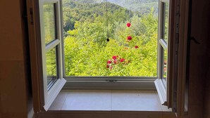 A room with a large window offering a view of a forested landscape.