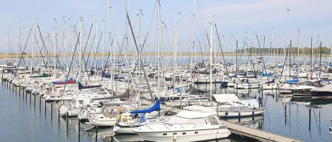 Un puerto deportivo con numerosas embarcaciones amarradas a los muelles.