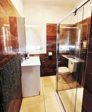 Shower, hair dryer, towels, soap