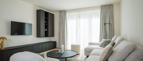 A modern living room with a sofa, a coffee table, a TV, and a cabinet.