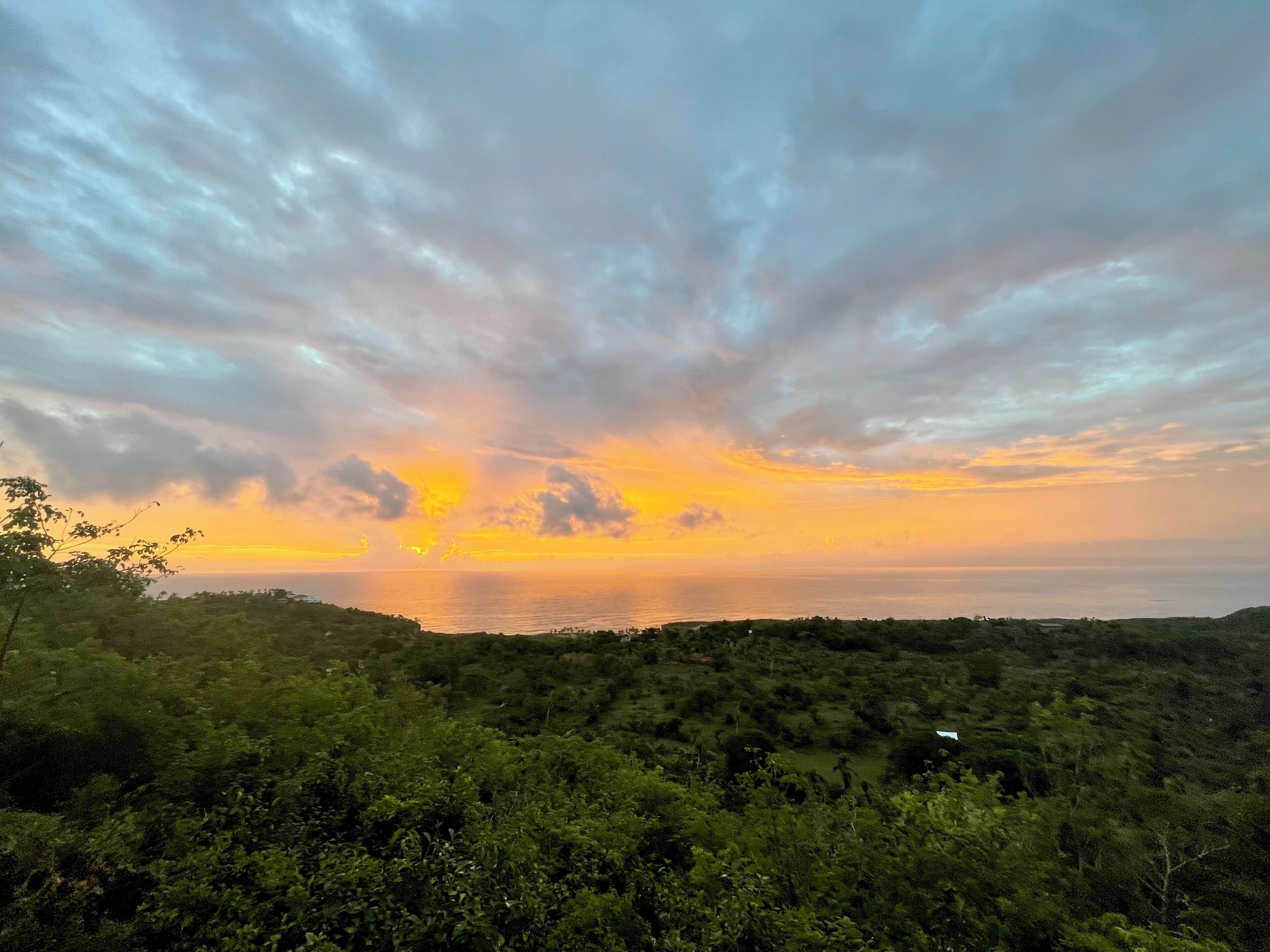 A landscape with a sunset over a body of water, surrounded by dense greenery.