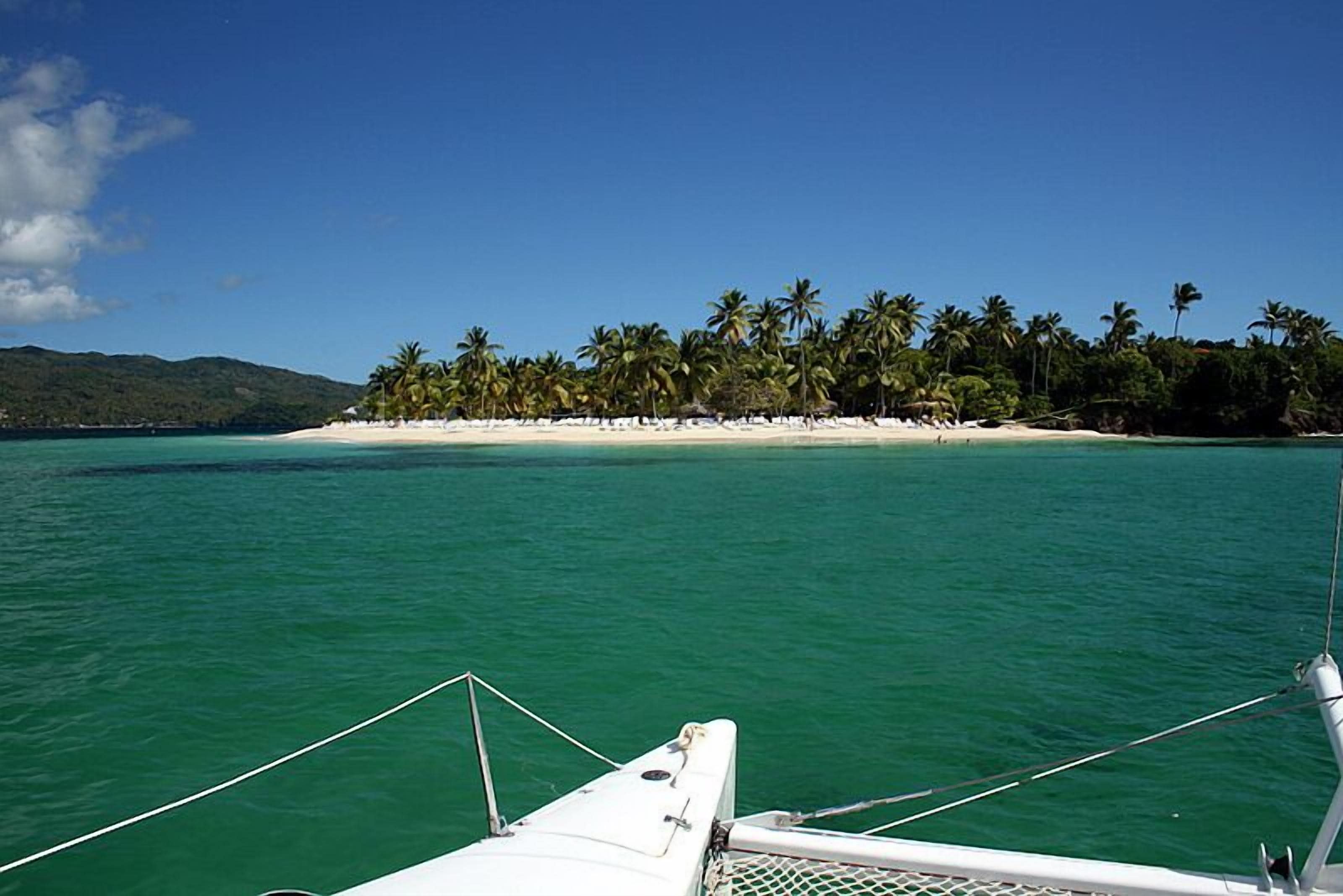 A boat with a view of a beach with palm trees and a clear blue sky.