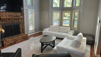 智能电视、壁炉、DVD 播放器、书