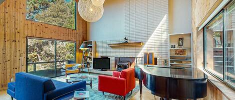 Télévision, cheminée, baby-foot, livres