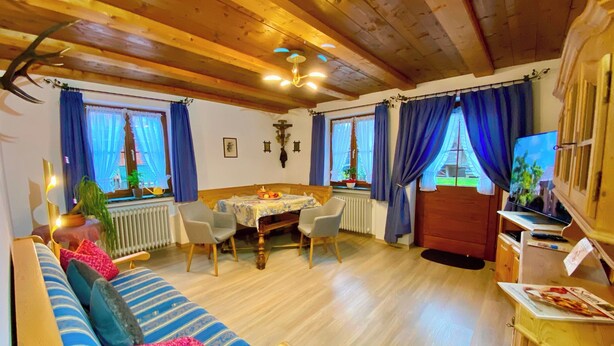 Een gezellige kamer met een houten plafond, een eettafel met stoelen, een bank met kussens en een televisie op een houten dressoir.