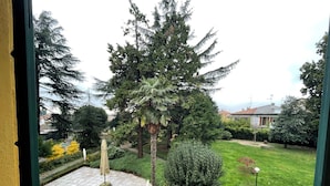 A view of a garden with a paved area, a palm tree, and various shrubs. - Foresteria La Torretta (Fino Mornasco)